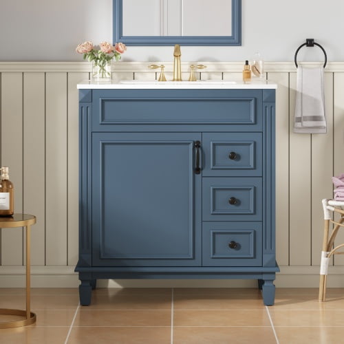 30" french style Compact Freestanding Cabinet, Bathroom Storage Unit with adjustable shelf, Modern Small Bathroom Vanity with soft-close structure for bathroom renovation, Blue