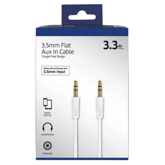 30 ft. Flat 3.5mm AUX Cable, Gold Plated Connectors for Clear Sound, Tangle Free Flat Design, Durable Build with Reinforced Ends, Ideal for Phones, Tablets, Car Stereos, Audio Devices, Bulk