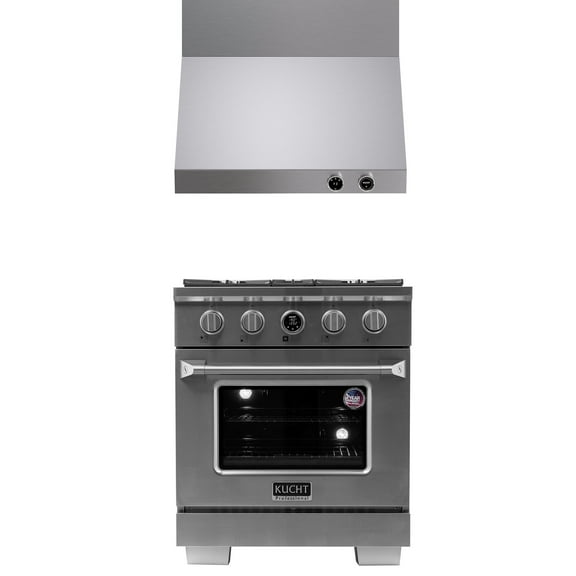 30 in. 4.2 cu. ft. 4 Burners Dual Fuel Range + Wall Mount Range Hood