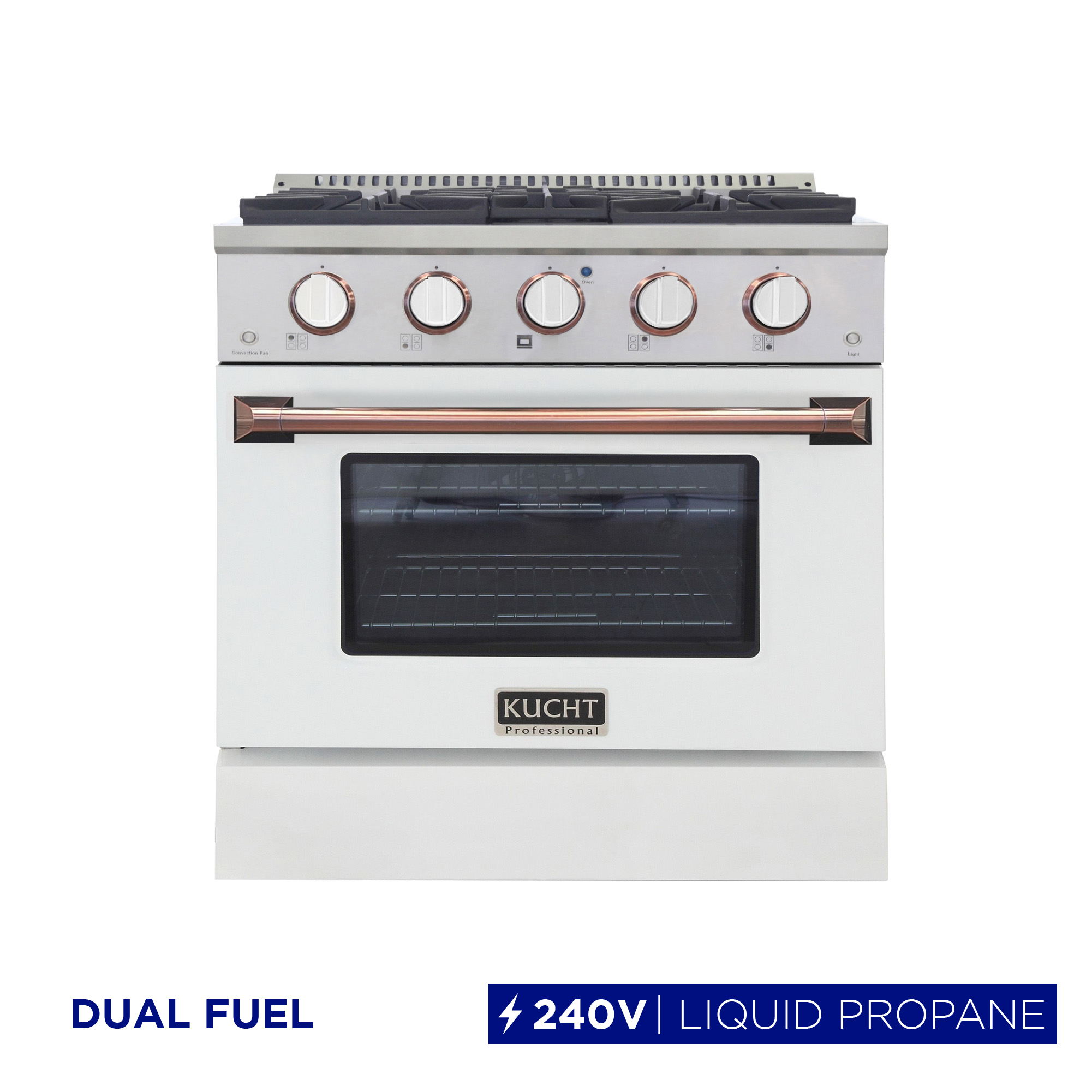 30 in. 4.2 cu. ft. Dual Fuel Range Propane Gas in Rose Gold Handle & Knob Rings.