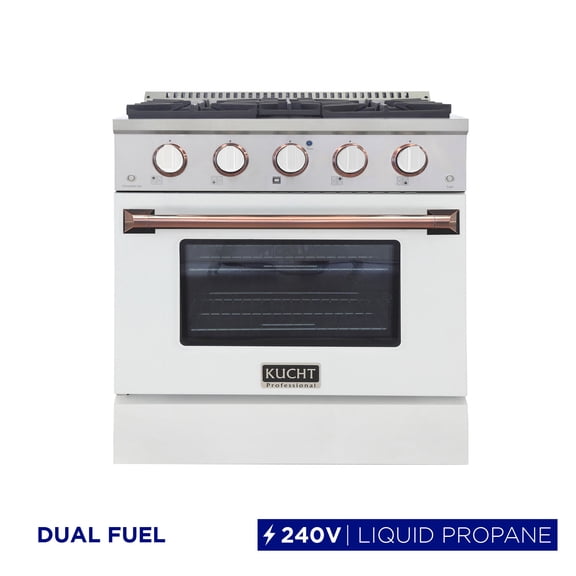 30 in. 4.2 cu. ft. Dual Fuel Range Propane Gas in Rose Gold Handle & Knob Rings.