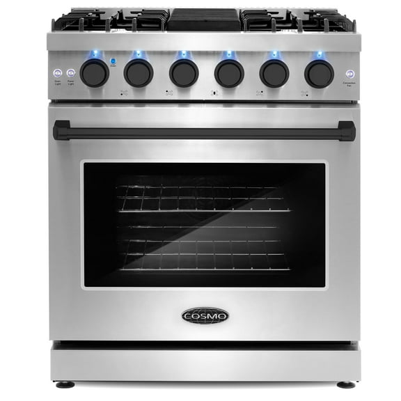 Cosmo 30 in. 4.5 cu. ft. Gas Range, 5 Sealed Burners, Convection Oven, Knob LED Lights, Stainless Steel, Matte Black Handle Knob Kit
