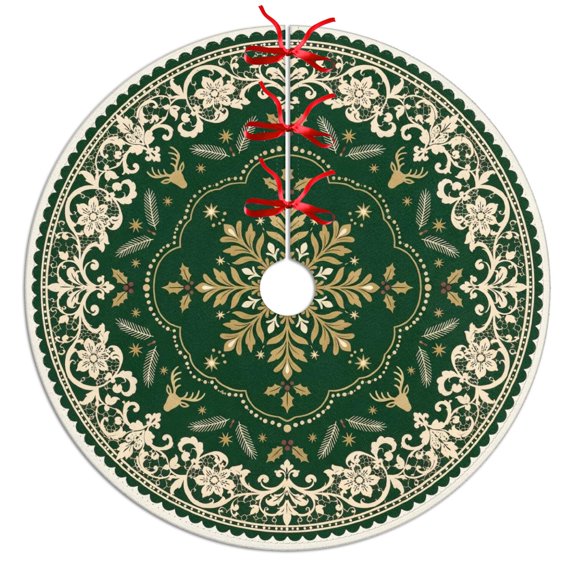 30 in (76 cm) Christmas Tree Skirt, Green Gold Floral Damask Decorative Round Tree Base Cover for Living Room, Fireplace and Holiday Party Display