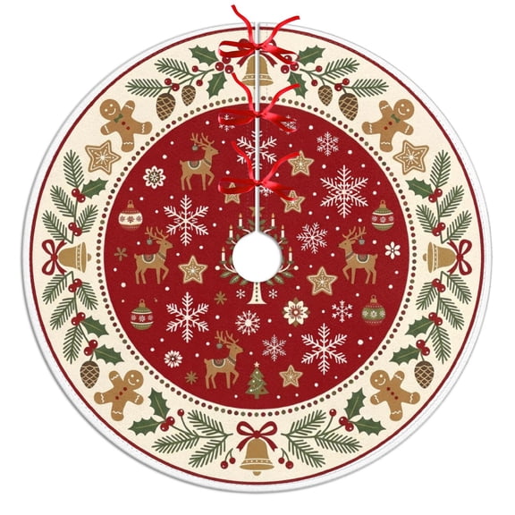 30 in (76 cm) Holiday Christmas Tree Skirt, Red Deer and Snowflake Folk Round Printed Tree Mat for Living Room, Fireplace and Holiday Party Display