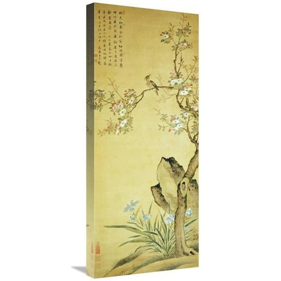 30 in. A Bird Standing on a Peach Blossom Tree Art Print - Wang Wu