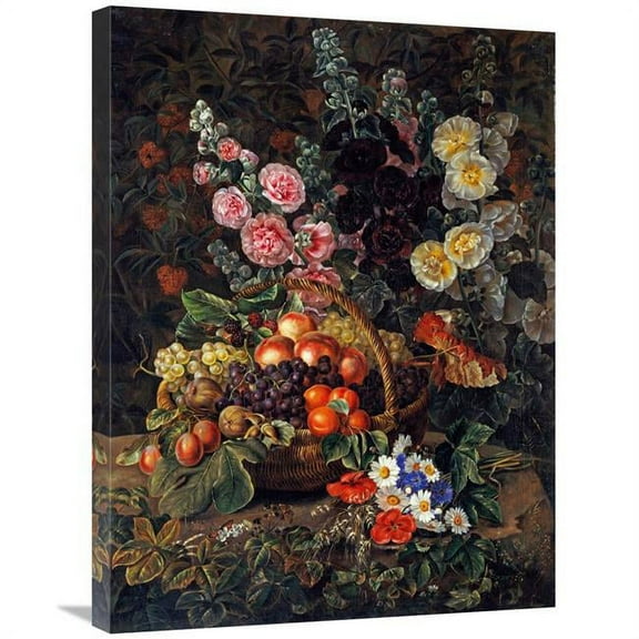 30 in. A Still Life of Flowers & a Basket of Fruit Art Print - Johan Laurents Jensen