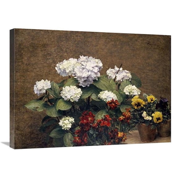 30 in. Hydrangeas, Wallflowers & Two Pots of Pansies Art Print - Henri Fantin-Latour