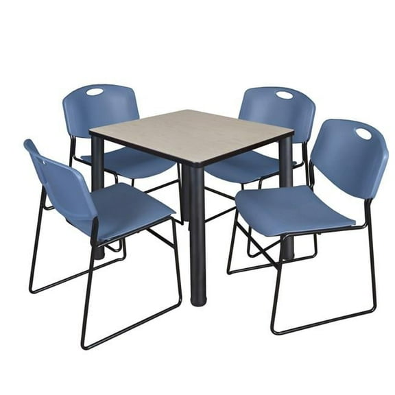 30 in. Kee Square Breakroom Table & 4 Zeng Stack Chairs, Maple, Black & Blue