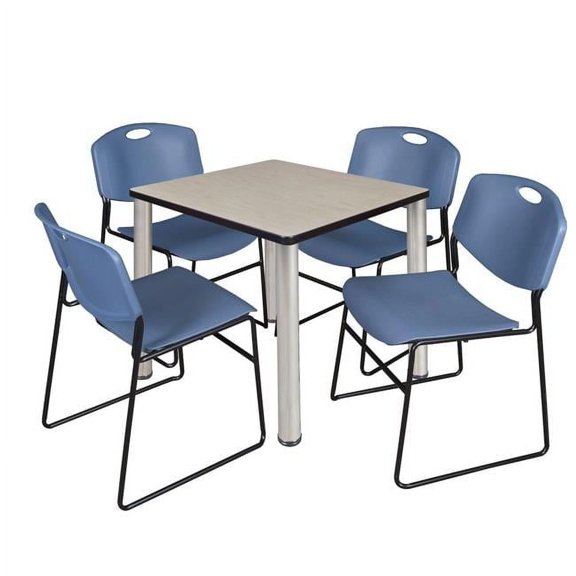 30 in. Kee Square Breakroom Table & 4 Zeng Stack Chairs, Maple, Chrome & Blue