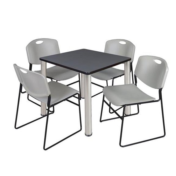 30 in. Kee Square Breakroom Table, Grey & Chrome & 4 in. Zeng Stack Chairs - Grey