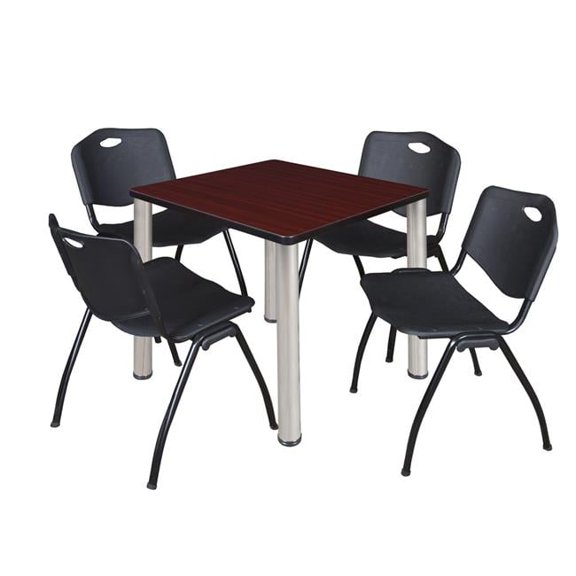 30 in. Kee Square Breakroom Table, Mahogany & Chrome & 4 in. M Stack Chairs - Black