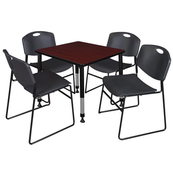 30 in. Kee Square Height Adjustable Classroom Table, Mahogany & 4 in. Zeng Stack Chairs - Black