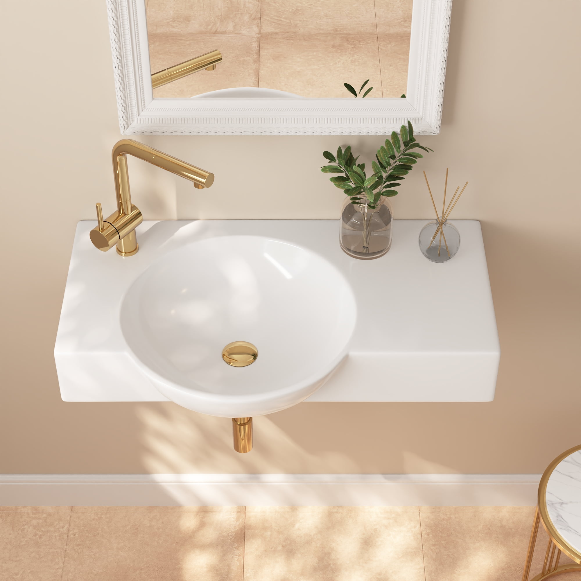 30 in. Left Side White Ceramic Novelty Wall-Mount Sink Wall Hung Rectangular Bathroom Vessel Sink, Single Faucet Hole