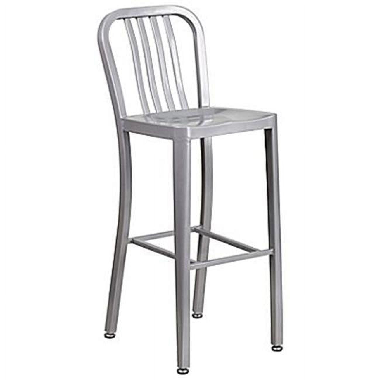 Silver Metal 30" High Indoor-Outdoor Barstool with Slat Back