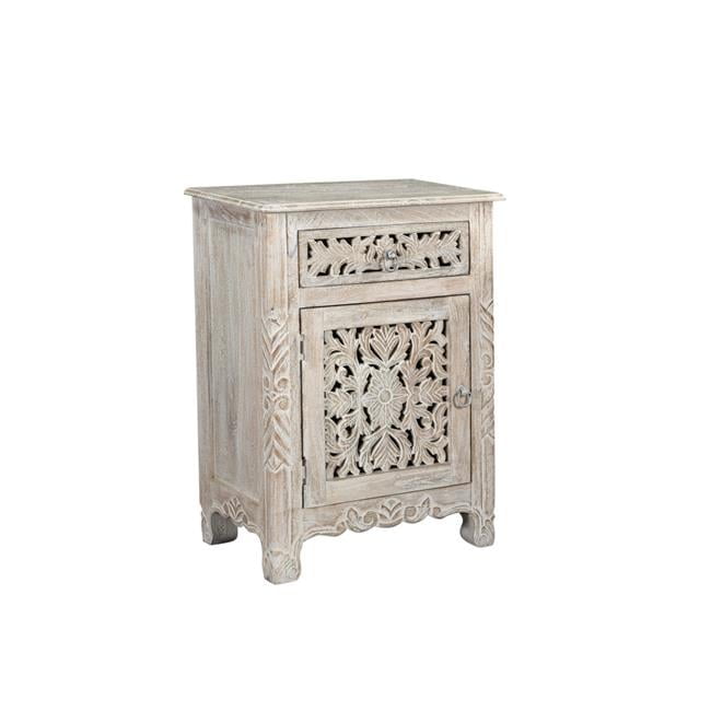 30 in. One Drawer Floral Carved Solid Wood Nightstand Distressed White Walmart