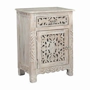 30 in. One Drawer Floral Carved Solid Wood Nightstand, Distressed White