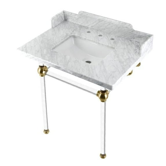30 in. Pemberton Carrara Marble Console Sink with Acrylic Legs, Marble White & Brushed Brass
