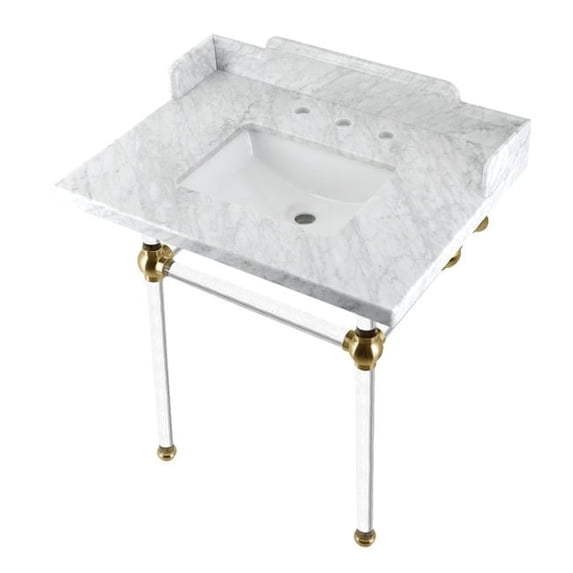 30 in. Pemberton Carrara Marble Console Sink with Acrylic Legs, Marble White & Brushed Brass