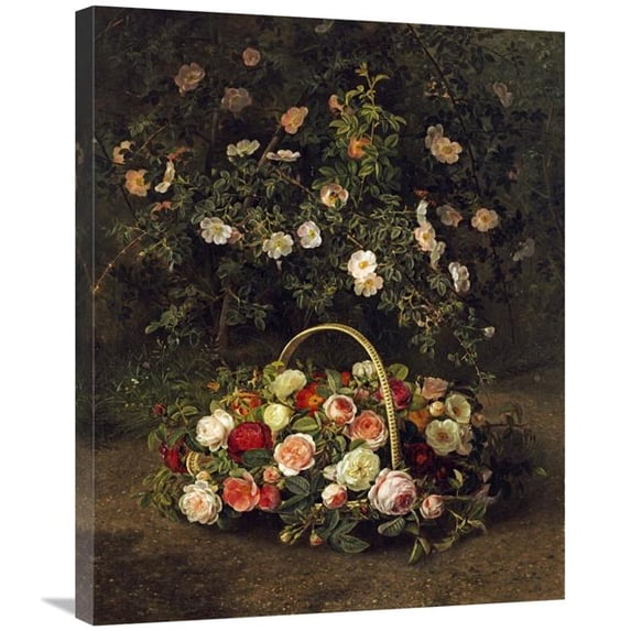 30 in. Roses in a Basket Beside a Rose Bush Art Print - Johan Laurents Jensen