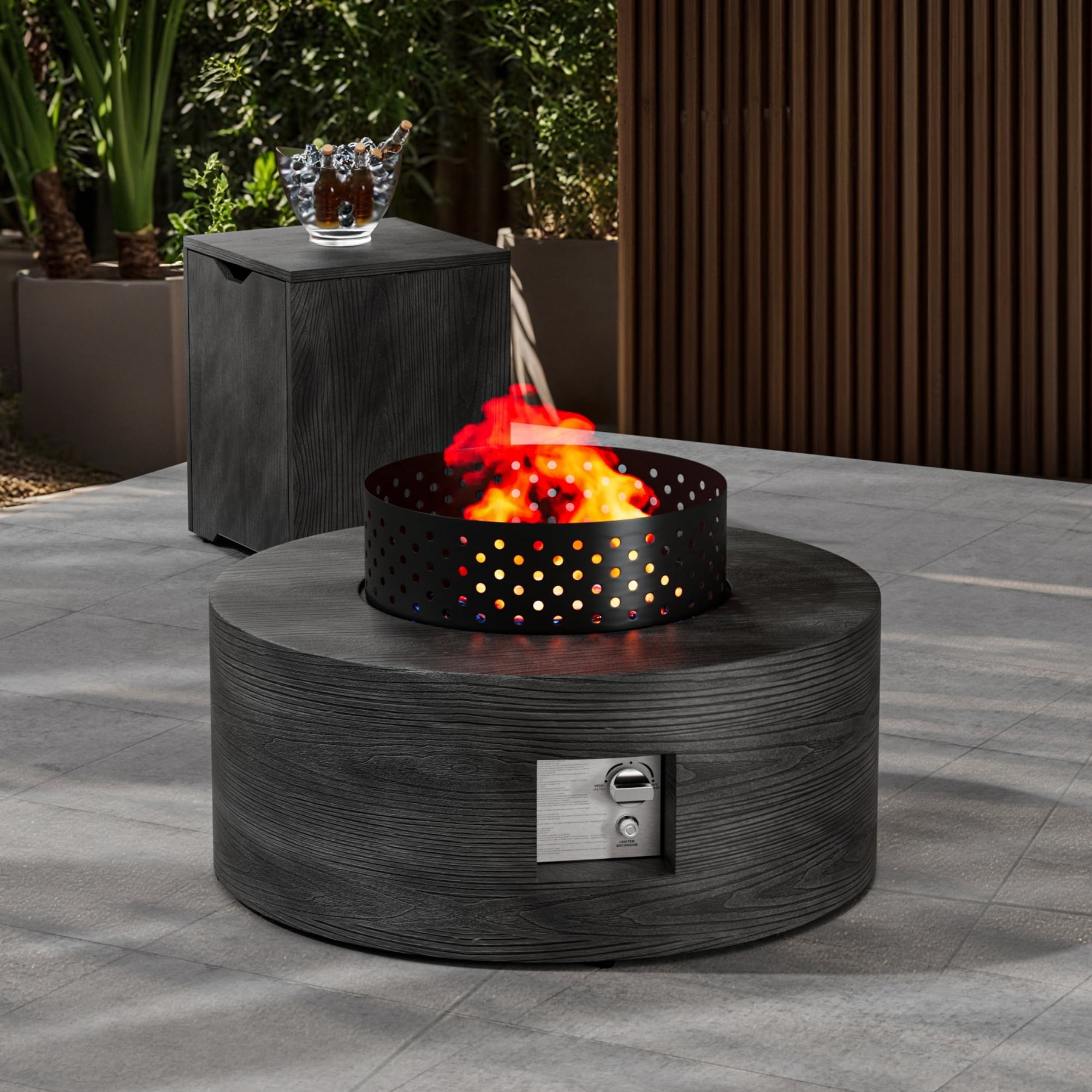 30 in. Round Coating Steel Propane Firepit Table, 50,000 BTU Outdoor Fire Pit Table in Dark Gray Wood Grain