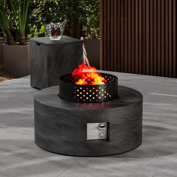 30 in. Round Coating Steel Propane Firepit Table, 50,000 BTU Outdoor Fire Pit Table in Dark Gray Wood Grain