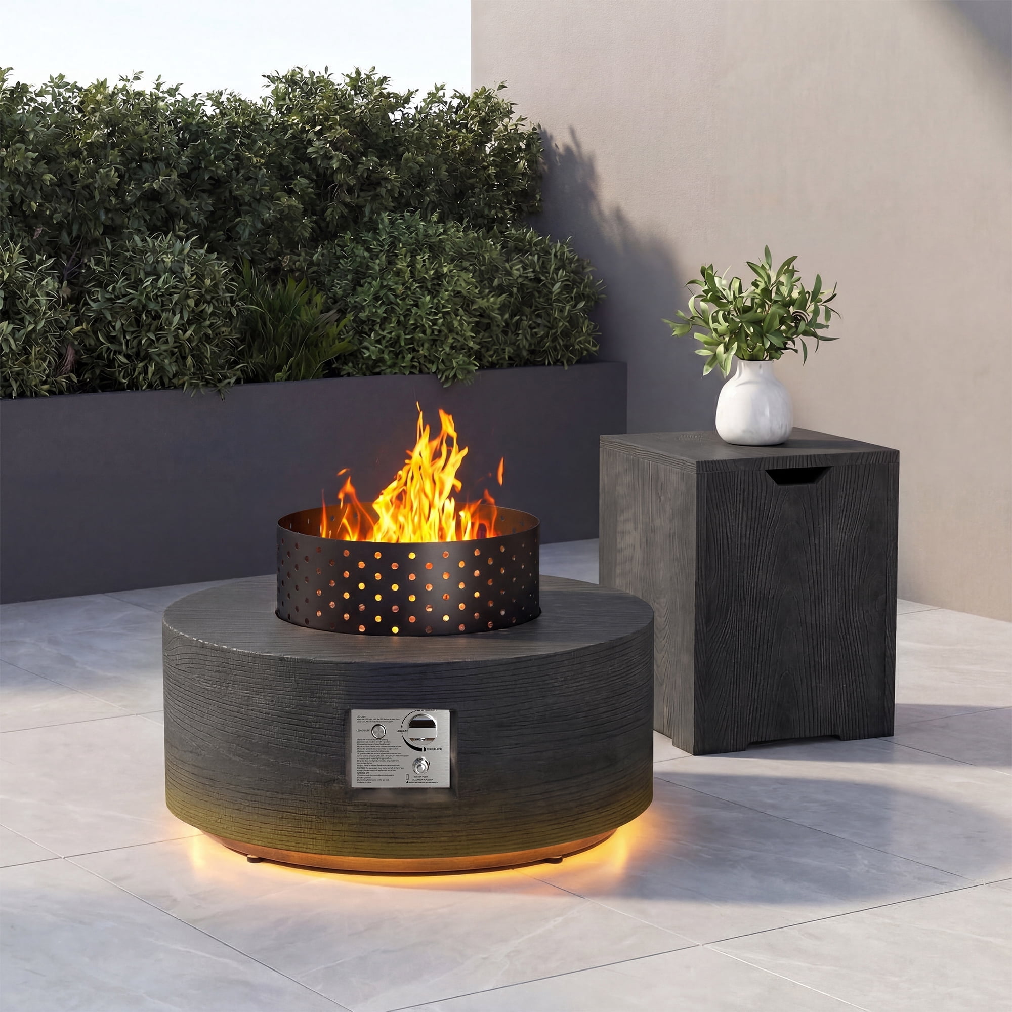 30 in. Round Propane Firepit Table with Golden LED Light, 50,000 BTU Outdoor Fire Pit Table in Dark Gray Wood Grain