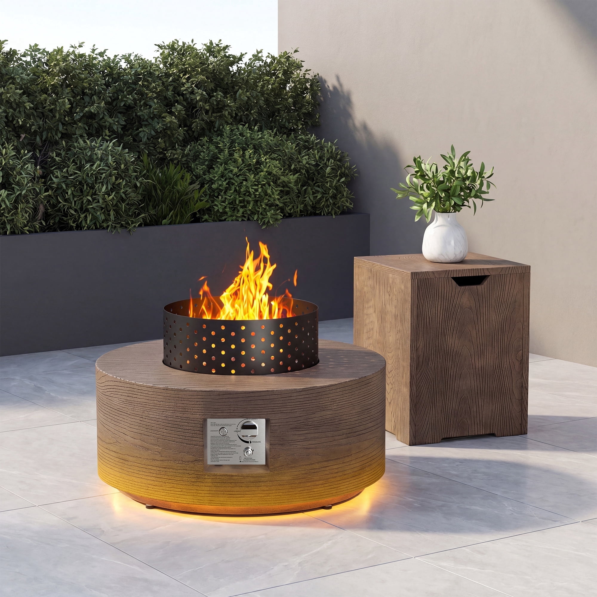 30 in. Round Propane Firepit Table with Golden LED Light, 50,000 BTU Outdoor Fire Pit Table in Dark brown Wood Grain
