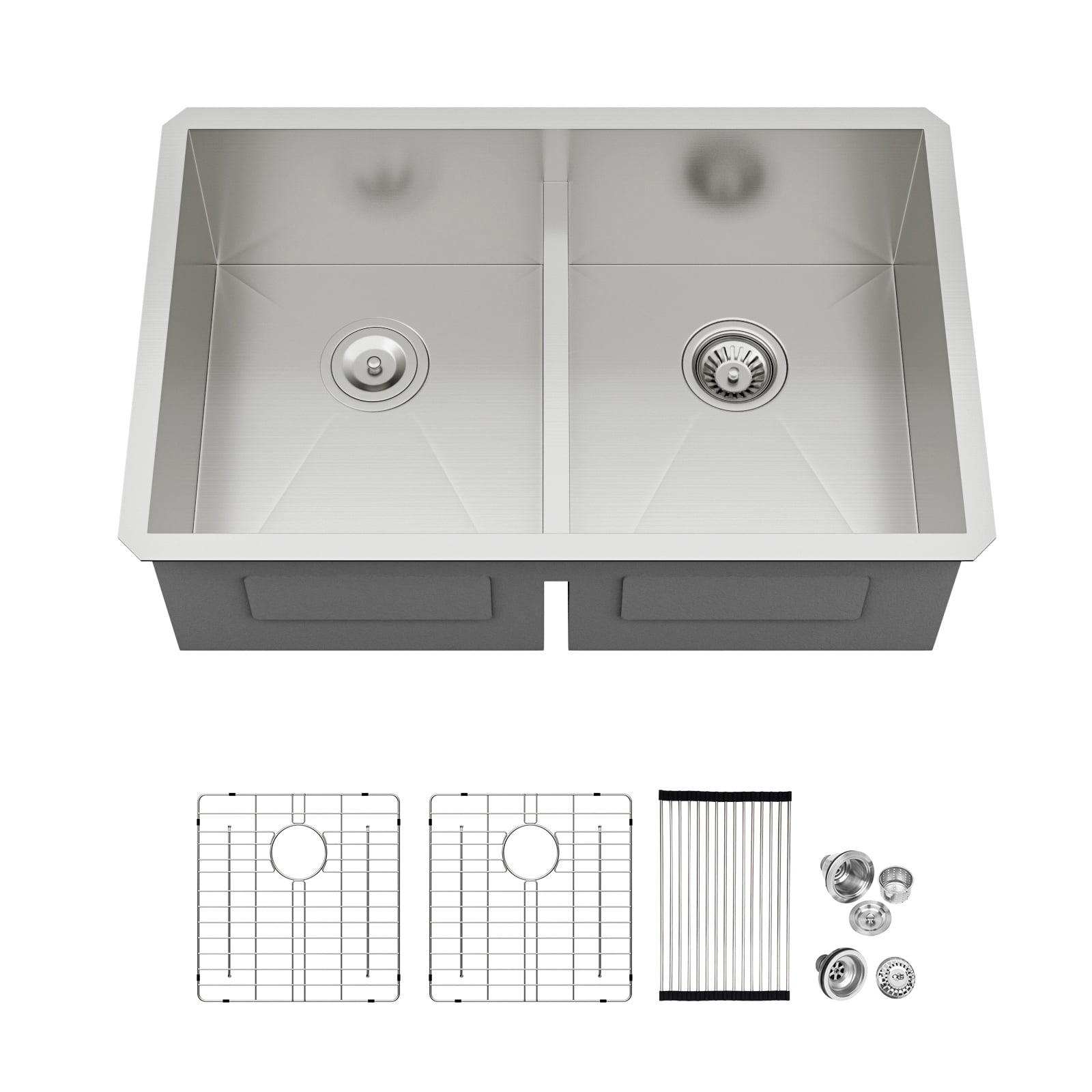 30 in. Undermount 50/50 Double Bowl 16-Gauge Stainless Steel Low Divided Kitchen Sink with 2 Pcs Bottom Grids/Drains