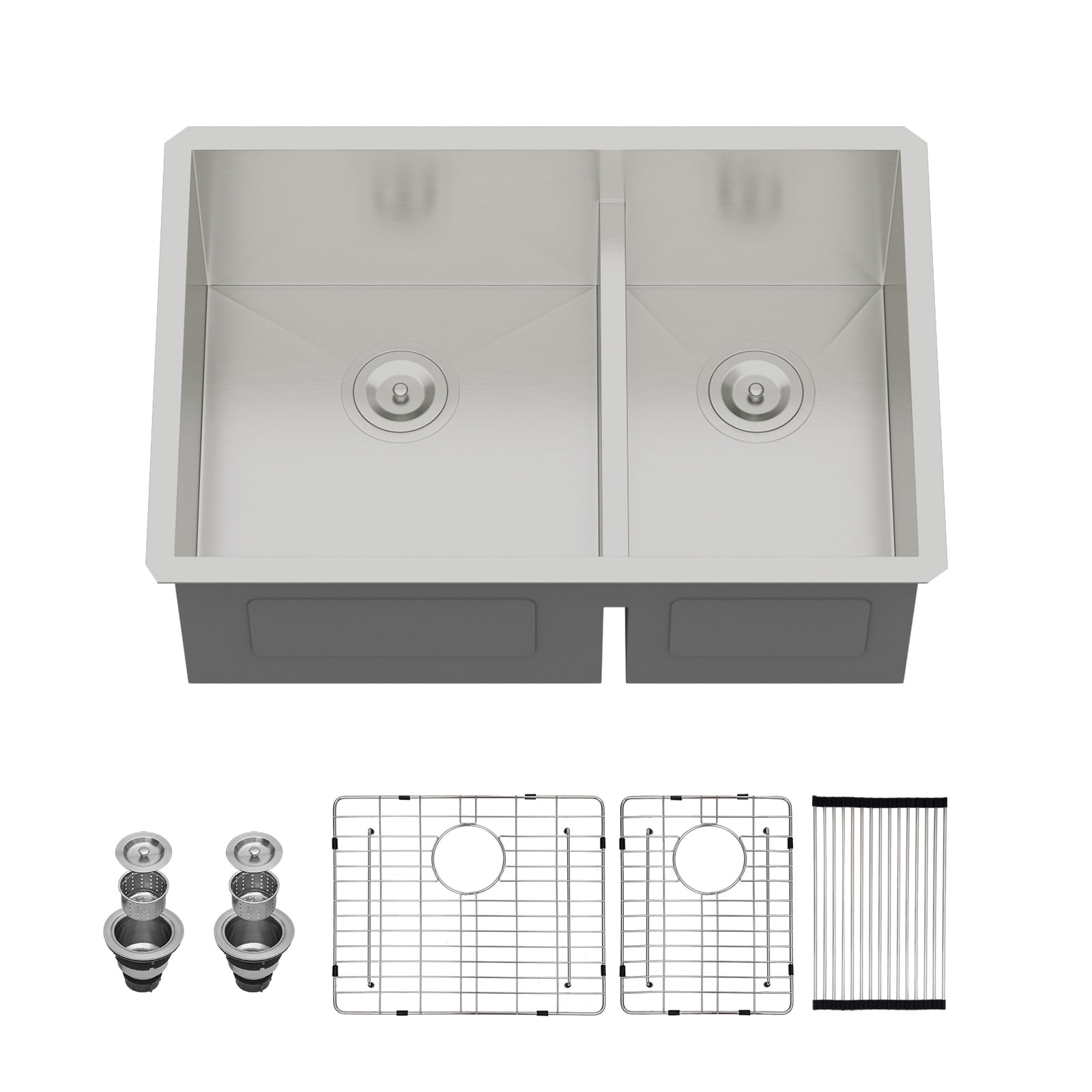 30 in. Undermount 60/40 Double Bowl 16-Gauge Stainless Steel Low Divided Kitchen Sink with 2 Pcs Bottom Grids/Drains