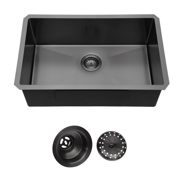 30 in. Undermount Single Bowl 16-Gauge Gunmetal Black Stainless Steel Kitchen Sink with Black Drain Assembly