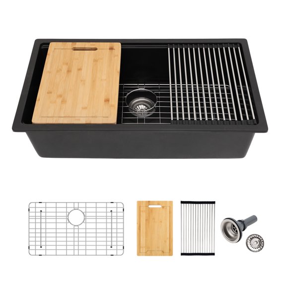30 in. Undermount Single Bowl Workstation Sink Black Quartz/Granite Composite Kitchen Sink with Bottom Grid/Accessories