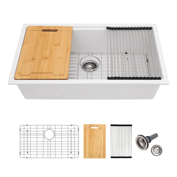 30 in. Undermount Single Bowl Workstation Sink White Quartz/Granite Composite Kitchen Sink with Bottom Grid/Accessories
