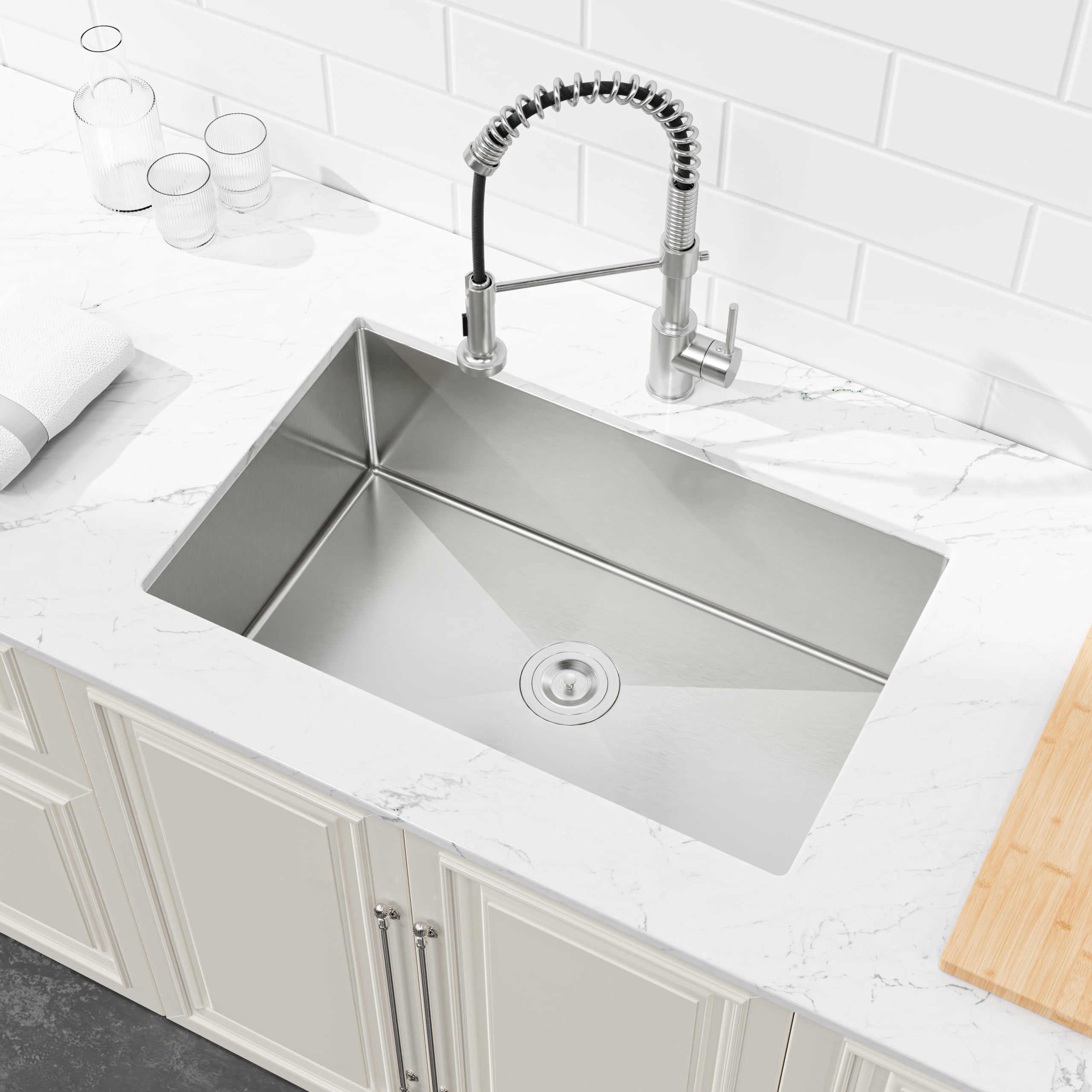 30-in Undermount Stainless Steel Kitchen Sink Single Bowl 16 Gauge Brushed Nickel Handmade Sink with Drain And Hooks