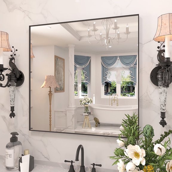Taimei Shatterproof Bathroom Wall Mirror –30" x 30" Vanity Mirror with Rectangular Metal Frame and Clear Reflection, Anti-Oxidation, Black