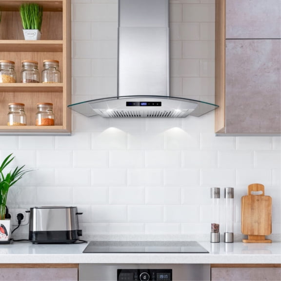30 in. Wall Mount Range Hood, Stainless Steel, Tempered Glass