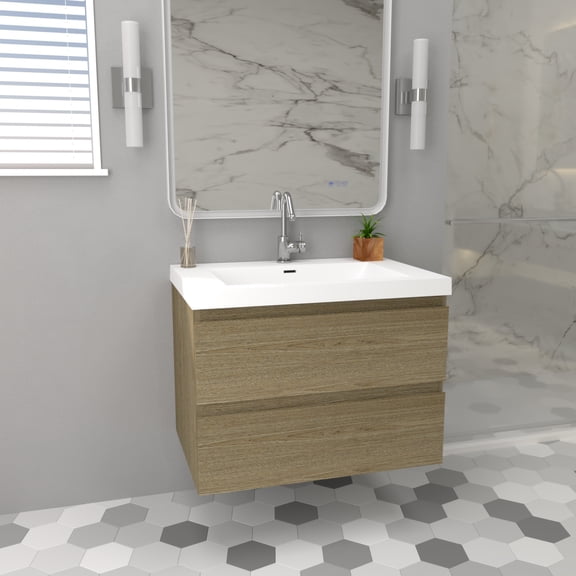 30 in wall mounted bathroom vanity with White sink, Two drawers with soft-close, Natural Oak finish