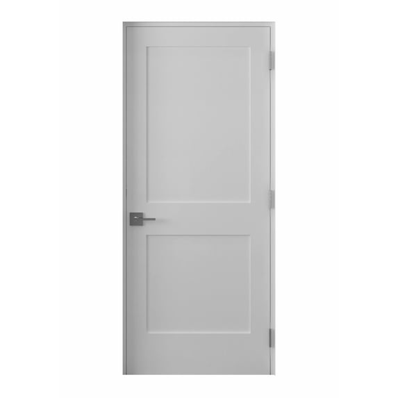 30 in. x 80 in. Left-Handed Solid Core White Primed Double Panel Prehung Interior Door Satin Nickel Hinges