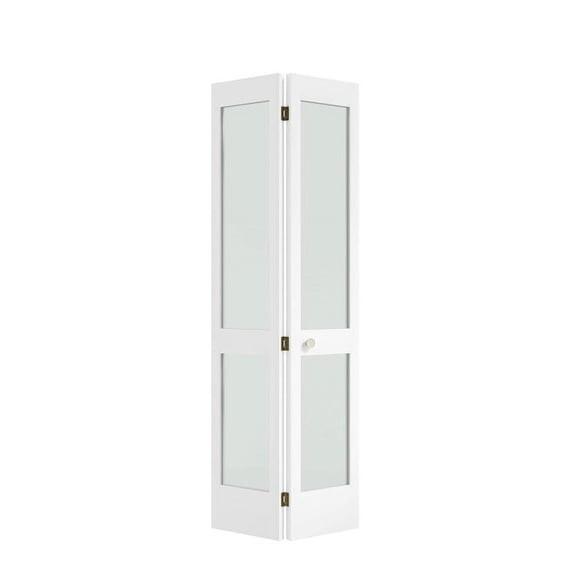 30 in. x 80 in. x 1-3/8 in. Frosted Glass 2-Lite Shaker Primed Solid Wood Core Bi-Fold Door with Hardware Included