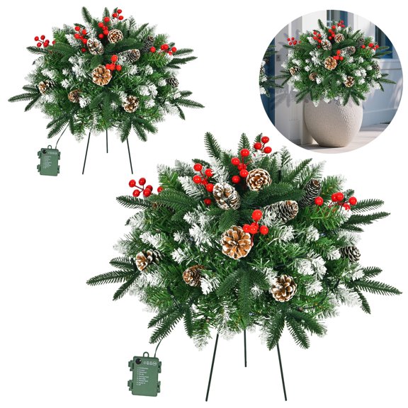 30 inch 2Pcs Christmas Trees Prelit Light Up Outdoor Small Christmas Trees 120 LED Warm Light Lighted Pathway Flowerpot Christmas Trees with Timer Function Auto On/Off 8 Mode Lighting