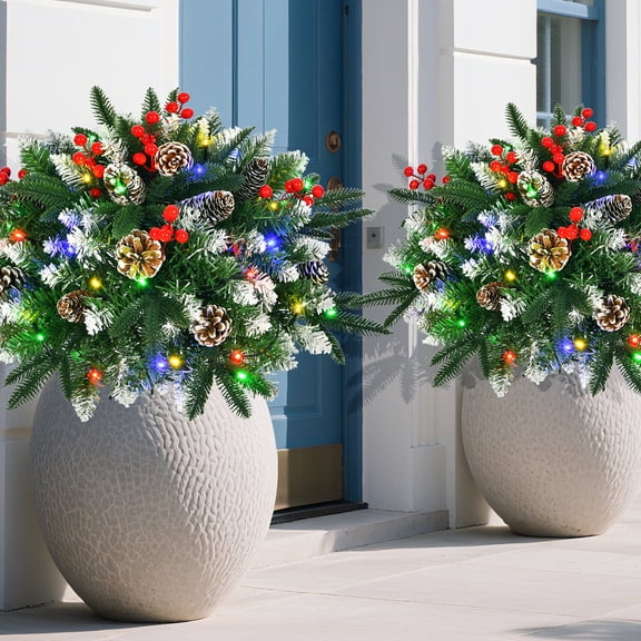 2PK Prelit Outdoor Christmas Trees Urn filler Extra Large Round 24x24 inch Snow-Flocked Light Up Christmas Trees 120 LED Timer Function Auto On/Off 8 Modes for Front Door Porch