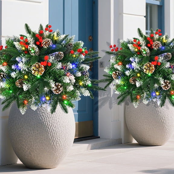 2PK Prelit Outdoor Christmas Trees Urn filler Extra Large Round 24x24 inch Snow-Flocked Light Up Christmas Trees 120 LED Timer Function Auto On/Off 8 Modes for Front Door Porch