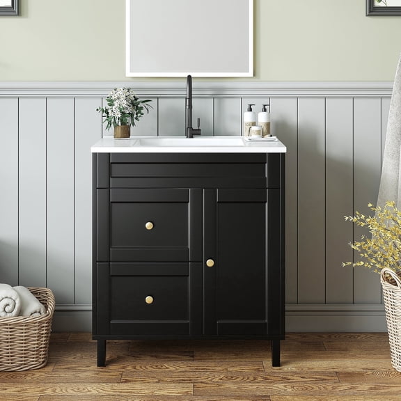 30-inch Bathroom Dressing Table with Sink, Modern Bathroom Washbasin Cabinet with 2 Drawers and 1 Door, Bathroom Storage Dressing Table with Netal Handle, Black