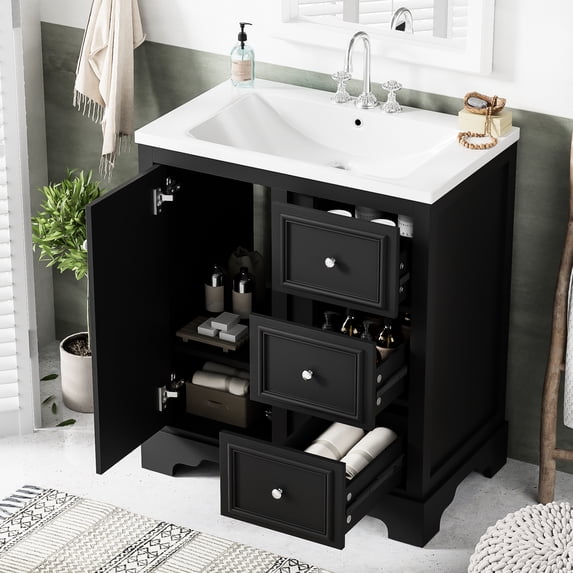 30-inch Bathroom Vanity - Black Ceramic Sink With Overflow 3 Drawers And Adjustable Shelf Construction & Style Basin Ample Storage Space Elegant Design