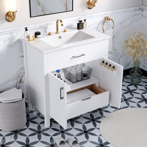 30-inch Bathroom Vanity With Ceramic Sink And Abundant Drawer Cabinet Space - Enhance Functionality. Solid Wood . Contemporary White Look Storage Options For Compact Bathrooms Maximize Utility.