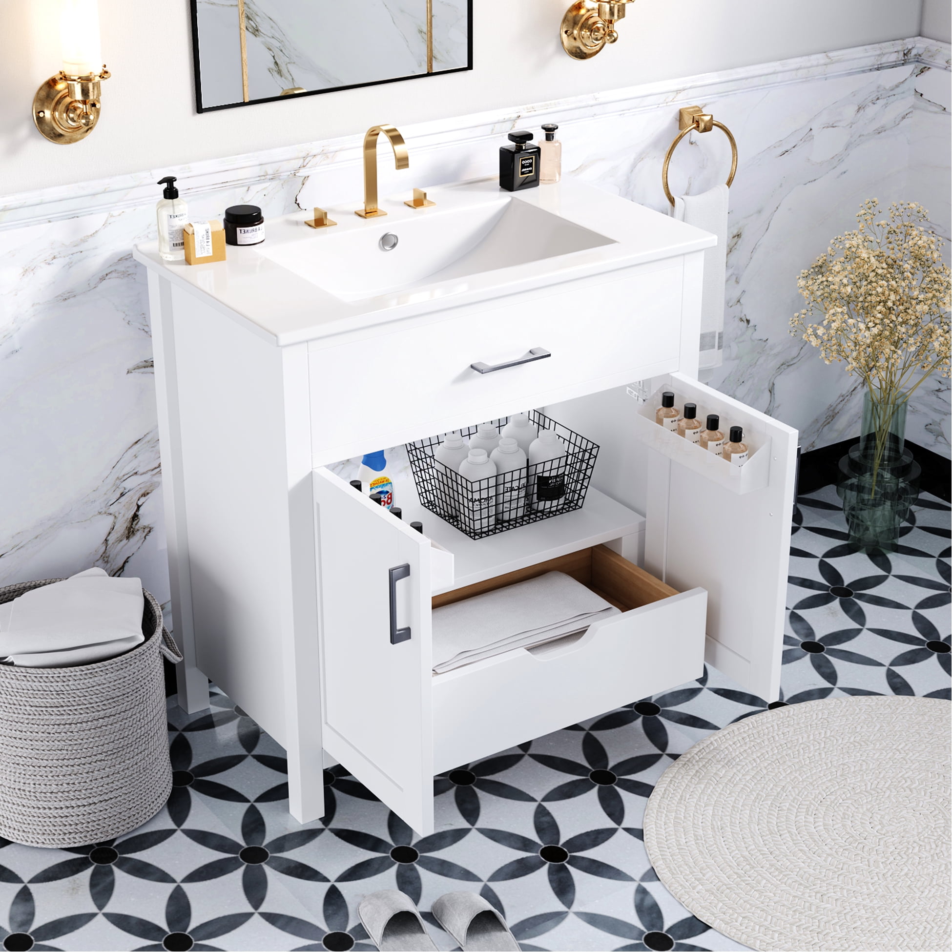 30-inch Bathroom Vanity: Ceramic Sink & Ample Storage Spaces. Compact ...