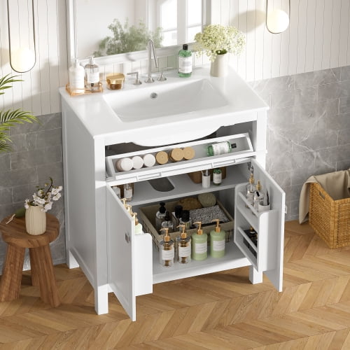 30 inch Bathroom Vanity with Ceramic Sink, Modern Green Storage Cabinet with 2 Soft-Close Doors, Flip-Out Drawer and Adjustable Shelf for Bathroom Organization, White