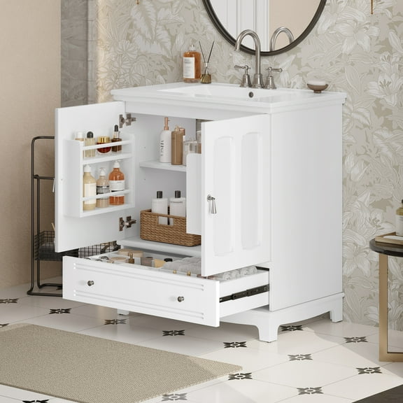30-inch Bathroom Vanity with Ceramic Sink, Solid Wood Frame Modern Sink Cabinet with Adjustable Shelf, Drawer Divider, Soft-Close Doors, for Small Bathroom, Powder Room, White