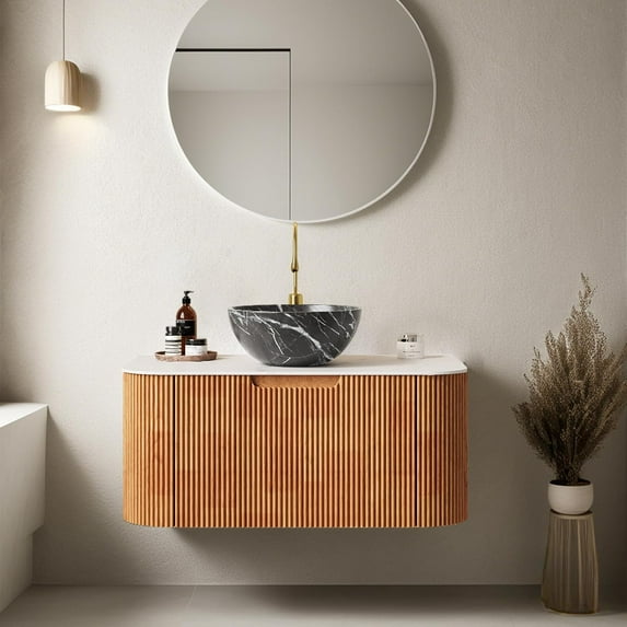 30 inch Bathroom Vanity with Sink, Floating Vanities with Ultra-Thin Marble Ceramic Basin and Countertop, Extra Large Storage Drawer, Soft-Close Design, Pre-Assembled Cabinet, Brown