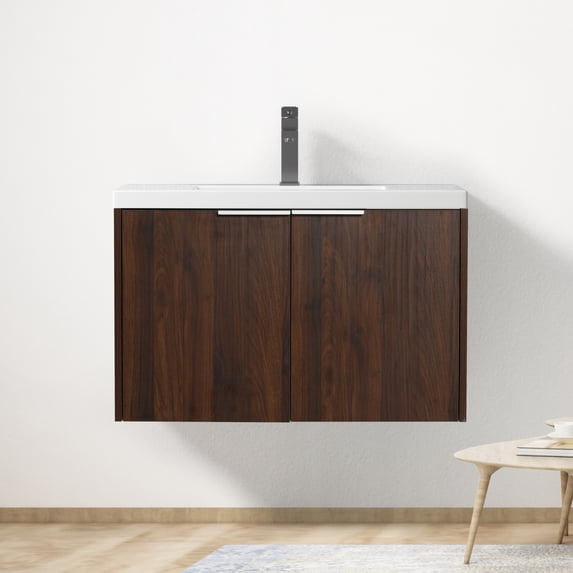 30 inch Bathroom Vanity with Sink, Wall Mounted Floating Bathroom Vanity with Open Storage Cabinet, Built-in Soft Closing Doors, Floating Bathroom Vanity with Sink for Small Space, Bathroom, Walnut
