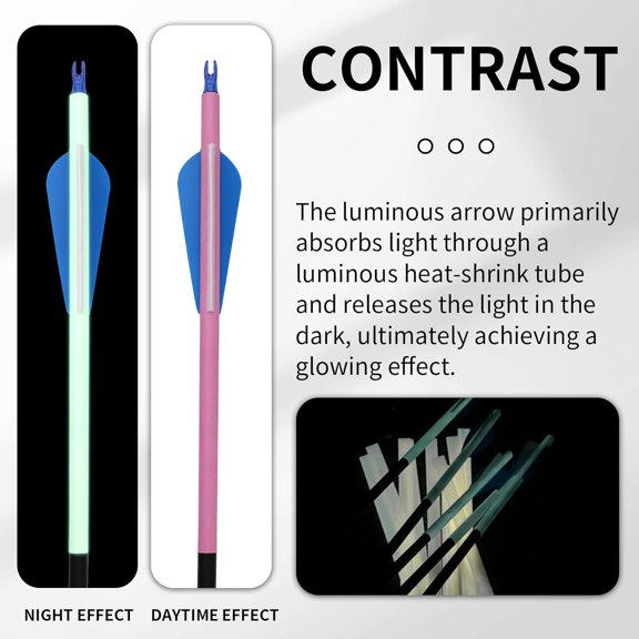 30 inch Carbon Arrow Practice Hunting Arrow, with Detachable tip, can emit Light in Dark environments After Being Exposed to Strong Light, Suitable for Composite Bows and recurve Bows (Set of 12)